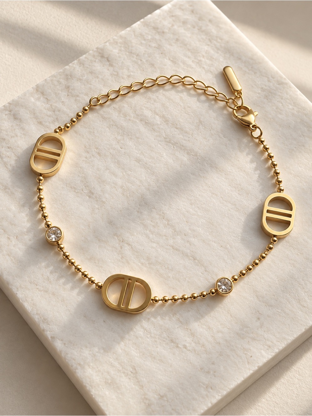 Gold-Plated Oval Link Beaded Bracelet with Crystals Luxury Inspired